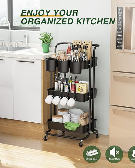 LEHOM 3-Tier Rolling Mobile Utility Cart with Hanging Cups & Hooks & Handle Multifunctional Organizer Storage Trolley Service Cart with Wheels Easy Assembly for Office, Bathroom, Kitchen (Black) - LeafyLoom