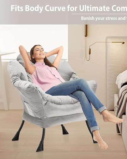 Lazy Chair Thick Padded, Accent Chair Velvet Upholstered with Wide Seat, Stable Metal Frame and Non-Slip Pad, Modern Sofa Armchair with Side Storage Bag for Dorm, Room, Office, Light Gray - LeafyLoom