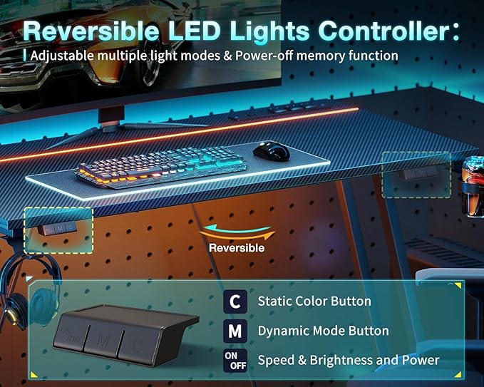 MOTPK Gaming Desk with LED Lights & Power Outlet, Computer Desk 55inch for Small Space, Cheap Gaming Table with Carbon Fiber Texture, Kids Desk Gift for Boys Men, Black - LeafyLoom