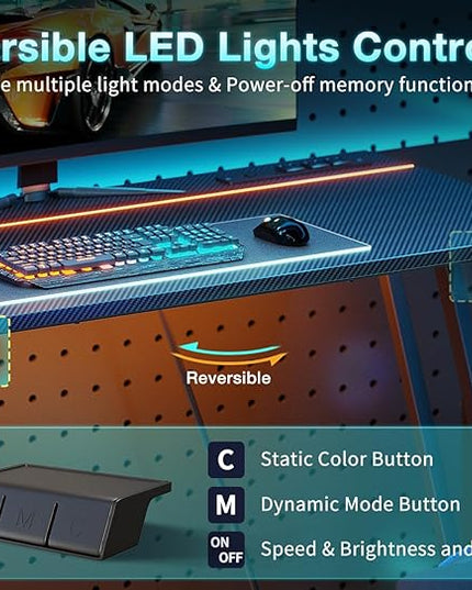 MOTPK Gaming Desk with LED Lights & Power Outlet, Computer Desk 47inch for Small Space, Cheap Gaming Table with Carbon Fiber Texture, Kids Desk Gift for Boys Men, Black - LeafyLoom