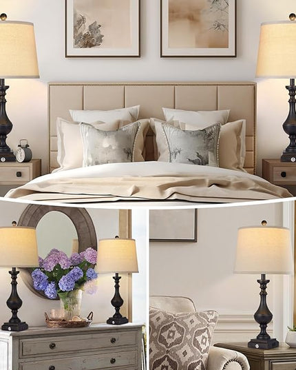 AKASUKI 27.5 Inch Black Farmhouse Table Lamps for Living Room Set of 2 with USB and Type-C Port, 3-Way Dimmable Table Lamps for Bedroom Vintage Rustic Bedside Lamps for bedrooms(2 Bulbs Included) - LeafyLoom