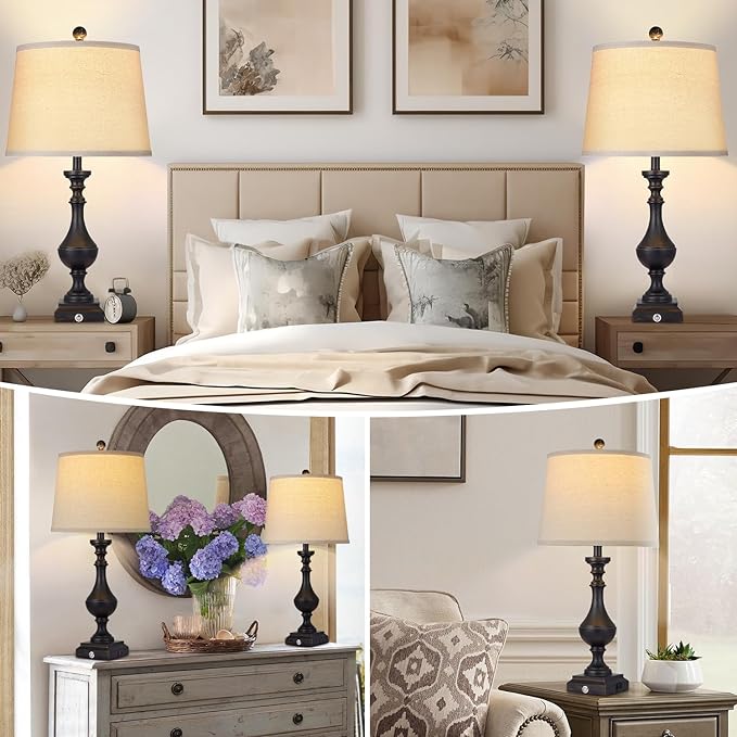 AKASUKI 27.5 Inch Black Farmhouse Table Lamps for Living Room Set of 2 with USB and Type-C Port, 3-Way Dimmable Table Lamps for Bedroom Vintage Rustic Bedside Lamps for bedrooms(2 Bulbs Included) - LeafyLoom