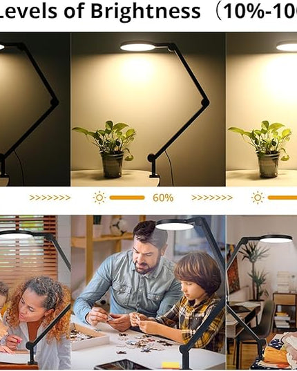 Desk Lamp with Clamp, Long Clip on Lights for Home Office, 3 Modes x 10 Brightness, Swing Arm Desk Clamp Task Table Lamps with Adapter, Black - LeafyLoom