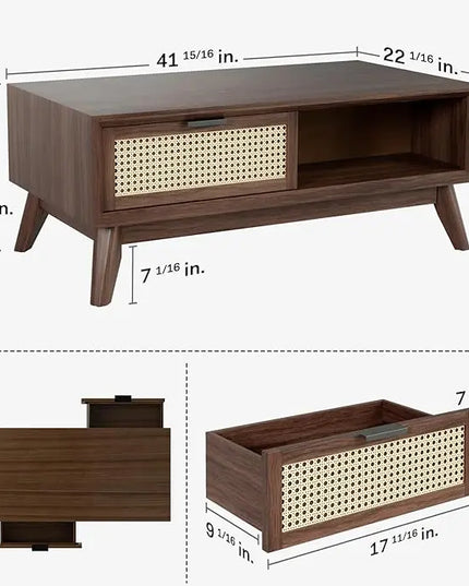 Bme Modern Solid Wood Coffee Table with Storage, Accent Rattan Design, Perfect for Living Room, Walnut, Medium - LeafyLoom