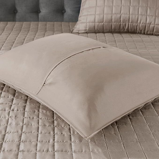 Madison Park Comforter Set and Quilt Combo, Chic Hotel Bedding Queen/Full Size Comforter Sets, Heritage Soft Microfiber, Quilted Coverlet, Shams, Throw Pillow, King/Cal King, Taupe 8 Piece - LeafyLoom