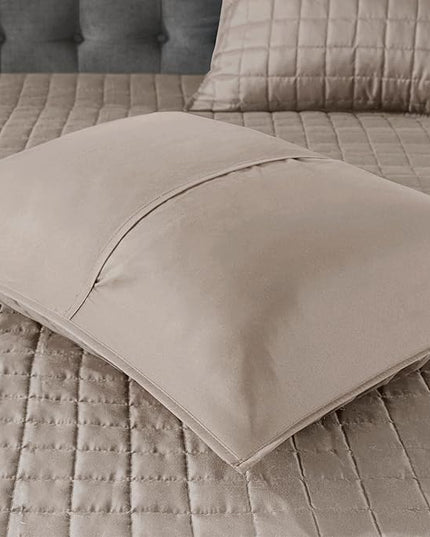 Madison Park Comforter Set and Quilt Combo, Chic Hotel Bedding Queen/Full Size Comforter Sets, Heritage Soft Microfiber, Quilted Coverlet, Shams, Throw Pillow, Full/Queen, Taupe 8 Piece - LeafyLoom