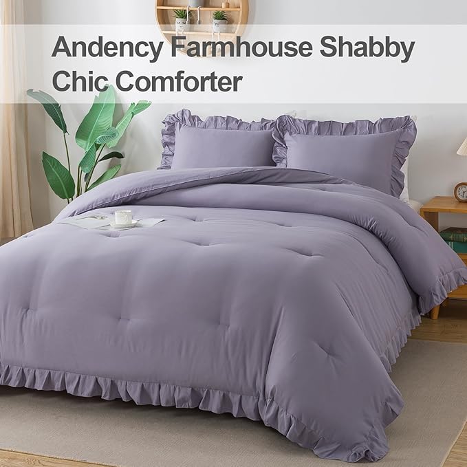 Andency Grayish Purple California King Comforter Set, 3 Pieces Cal King Ruffle Purple Comforter, Lightweight Oversized Farmhouse Shabby Chic Soft Microfiber Bedding Comforter Set (104x96Inch) - LeafyLoom