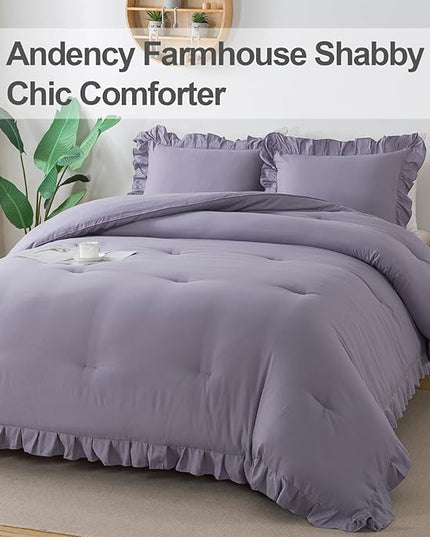 Andency Purple Twin Size Comforter(66x90Inch), 2 Pieces(1 Ruffle Comforter and 1 Pillowcase) Solid Farmhouse Shabby Chic Comforter, Lighteweight and Soft Microfiber Bedding Set - LeafyLoom