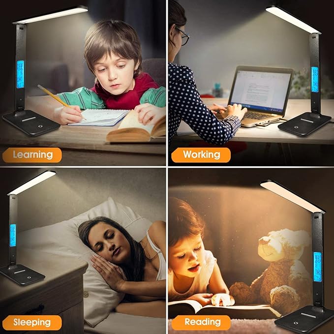 LAOPAO LED Desk Lamp with Wireless Charger, USB Charging Port, Adjustable & Foldable with Clock, Alarm, Date, Temperature, 5-Level Dimmable Lighting, for Office with Adapter - LeafyLoom