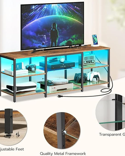 HOOBRO LED TV Stand for 65 Inch TVs with Charging Station, Gaming Entertainment Center with Open Storage, Media TV Console Table, TV Stand for Living Room, Bedroom, Rustic Brown and Black BF20UDDS01 - LeafyLoom