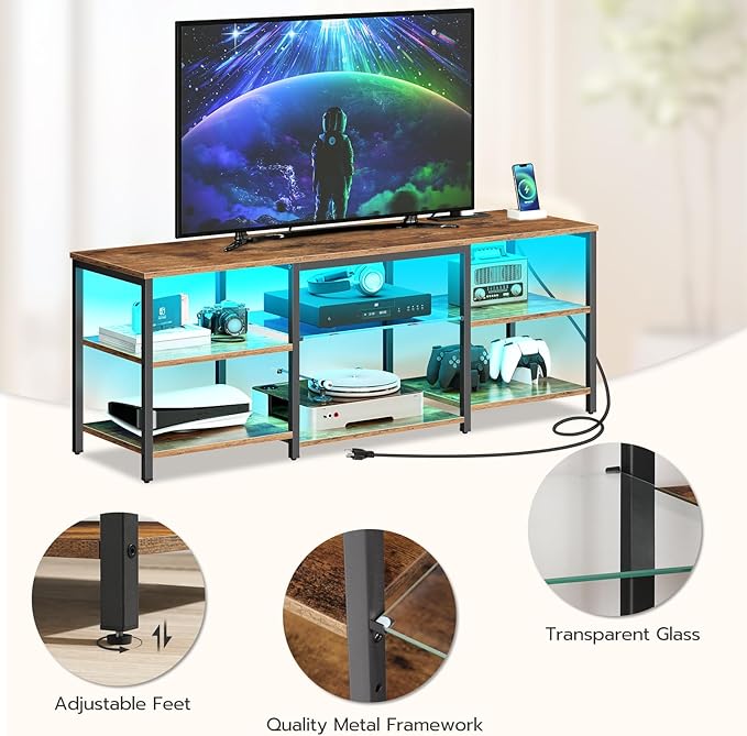 HOOBRO LED TV Stand for 65 Inch TVs with Charging Station, Gaming Entertainment Center with Open Storage, Media TV Console Table, TV Stand for Living Room, Bedroom, Rustic Brown and Black BF20UDDS01 - LeafyLoom