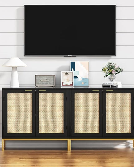 Anmytek Rattan Sideboard Buffet Kitchen Storage Cabinet with 2 Doors, Modern Black Accent Cabinet for Kitchen Buffet Cabinet with Storage for Kitchen - LeafyLoom