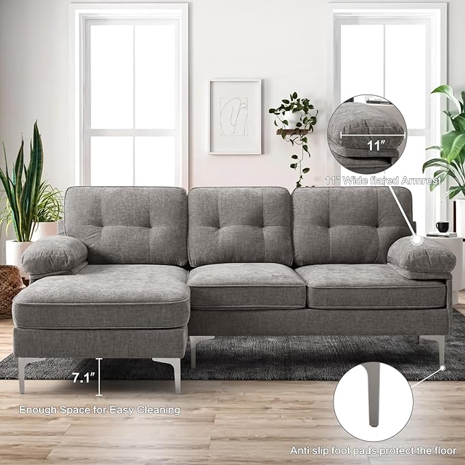 EASELAND 82" L-Shape Sofa with Reversible Chaise Lounge, Convertible Sectional Sofa Couch, Chenille Modern Sofa Couch for Living Room, Apartment and Office, Removable Cover (Grey) - LeafyLoom