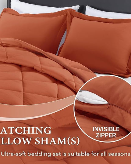 downluxe King Size Comforter Set - Burnt Orange King Comforter Set, 3 Pieces Soft Solid Comforter King Size Set for All Seasons, 1 Lightweight Fluffy Comforter (104"x92") and 2 Pillow Shams - LeafyLoom