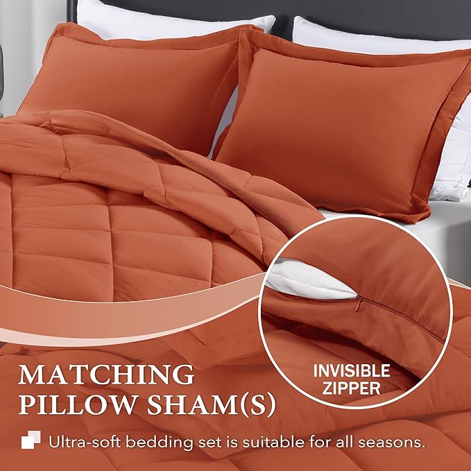 downluxe King Size Comforter Set - Burnt Orange King Comforter Set, 3 Pieces Soft Solid Comforter King Size Set for All Seasons, 1 Lightweight Fluffy Comforter (104"x92") and 2 Pillow Shams - LeafyLoom