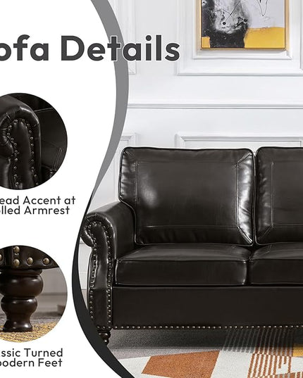 Dreamsir 79'' Traditional Faux Leather Sofa Couch with Nailhead Trim, Classic 3-Seater Couch with Rolled Arms for Living Room, Bedroom, Apartment, Easy Assembly (Charcoal) - LeafyLoom