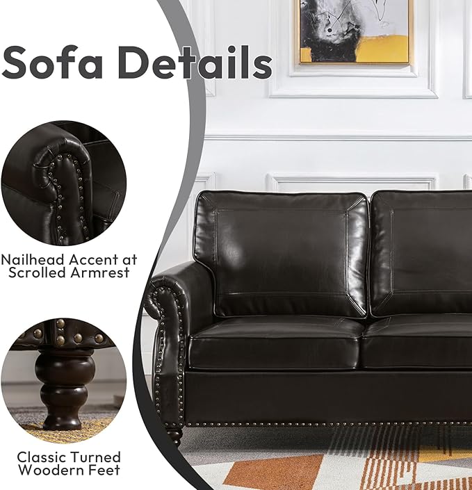 Dreamsir 79'' Traditional Faux Leather Sofa Couch with Nailhead Trim, Classic 3-Seater Couch with Rolled Arms for Living Room, Bedroom, Apartment, Easy Assembly (Charcoal) - LeafyLoom