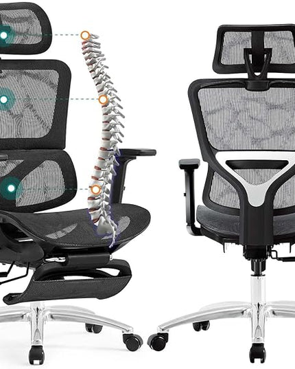 Ferral Ergonomic Office Chair, High Back Home Office Desk Chair with Lumbar Support, 4D Adjustable Armrest & Seat Depth, Computer Mesh Office Chair with Tilt Function, Adjustable Headrest, footrest - LeafyLoom