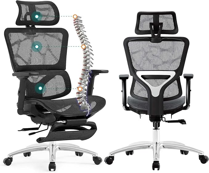 Ferral Ergonomic Office Chair, High Back Home Office Desk Chair with Lumbar Support, 4D Adjustable Armrest & Seat Depth, Computer Mesh Office Chair with Tilt Function, Adjustable Headrest, footrest - LeafyLoom