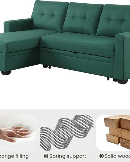 L Shape Sleeper Sofa Bed with Storage, Large Full Size Pull Out Sectional Couch, Futon Chaise Lounge Recliner for Living Room, Apartment, Bedroom, Office, Green - LeafyLoom
