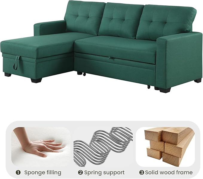 L Shape Sleeper Sofa Bed with Storage, Large Full Size Pull Out Sectional Couch, Futon Chaise Lounge Recliner for Living Room, Apartment, Bedroom, Office, Green - LeafyLoom