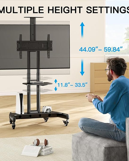 PERLESMITH Rolling/Mobile TV Cart with Wheels for 32-82 Inch LCD LED 4K Flat Screen TVs - TV Floor Stand with Shelf Holds Up to 100 lbs, Height Adjustable Trolley Max VESA 600x400mm- PSTVMC05 - LeafyLoom