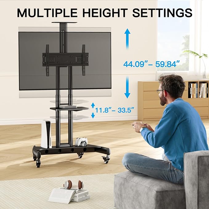 PERLESMITH Rolling/Mobile TV Cart with Wheels for 32-82 Inch LCD LED 4K Flat Screen TVs - TV Floor Stand with Shelf Holds Up to 100 lbs, Height Adjustable Trolley Max VESA 600x400mm- PSTVMC05 - LeafyLoom