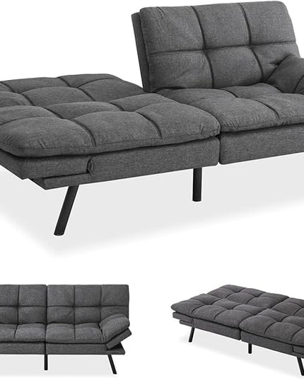 MUUEGM Futon Sofa Bed Convertible Memory Foam Sleeper Couch,Modern Loveseat for Living Room,Small Compact Space,Dorm,Office,Adjustable Armrests Backrest Sofabed, Linen Dark Grey - LeafyLoom