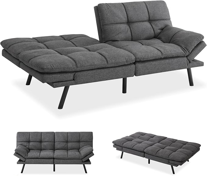 MUUEGM Futon Sofa Bed Convertible Memory Foam Sleeper Couch,Modern Loveseat for Living Room,Small Compact Space,Dorm,Office,Adjustable Armrests Backrest Sofabed, Linen Dark Grey - LeafyLoom