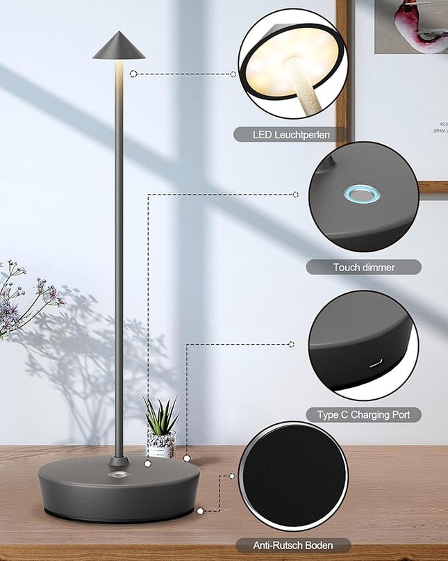 Cordless Table Lamps Rechargeable, 6000mAh Battery Operated LED Desk Lamp Outdoor Waterproof Portable Touch Dimmable Table Light for Patio Restaurant Dining Home Set of 2 Grey - LeafyLoom