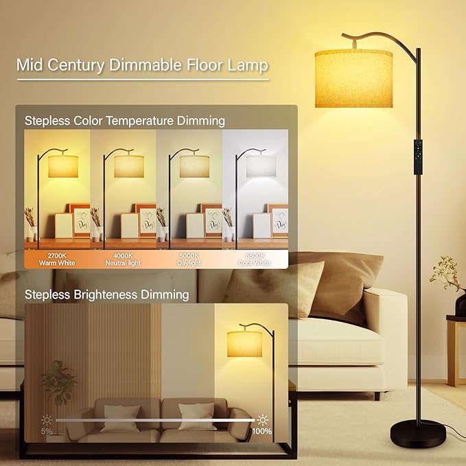 BoostArea Floor Lamp for Living Room,Arc Floor Lamp with Remote Control,Stepless Dimmable Brightness & Colors Temperature 2700k-6500k,Modern Standing Lamp for Bedroom Study Room Office,Beige - LeafyLoom