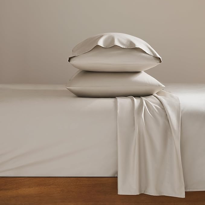 Broklinen Luxury Sateen 4 Piece Sheet Set - 100% Cotton, California King Size in Pebble Grey - 1 Fitted Sheet, 1 Flat Sheet, 2 Pillowcases | Best Luxury Sheets - LeafyLoom