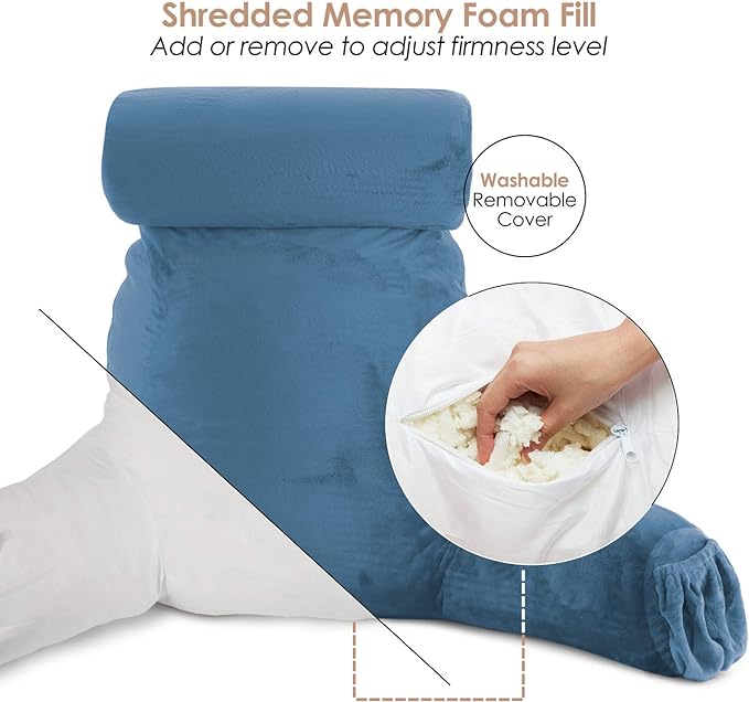 Clara Clark Reading Pillow, Large Back Pillow for Sitting Up in Bed, Memory Foam Back Support Pillow, Reading Pillows for Sitting in Bed Adult, Blue Heaven Sit Up Pillow for Bed with Arms and Pockets - LeafyLoom