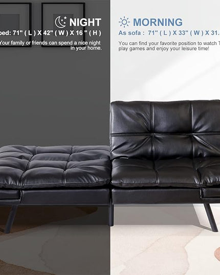 MUUEGM Futon Sofa Bed Convertible Memory Foam Sleeper Couch,Modern Faux Leather Daybed Love seat for Living Room Office Apartment Small Space,Adjustable Arm&Back,71" Sofabed, Black - LeafyLoom