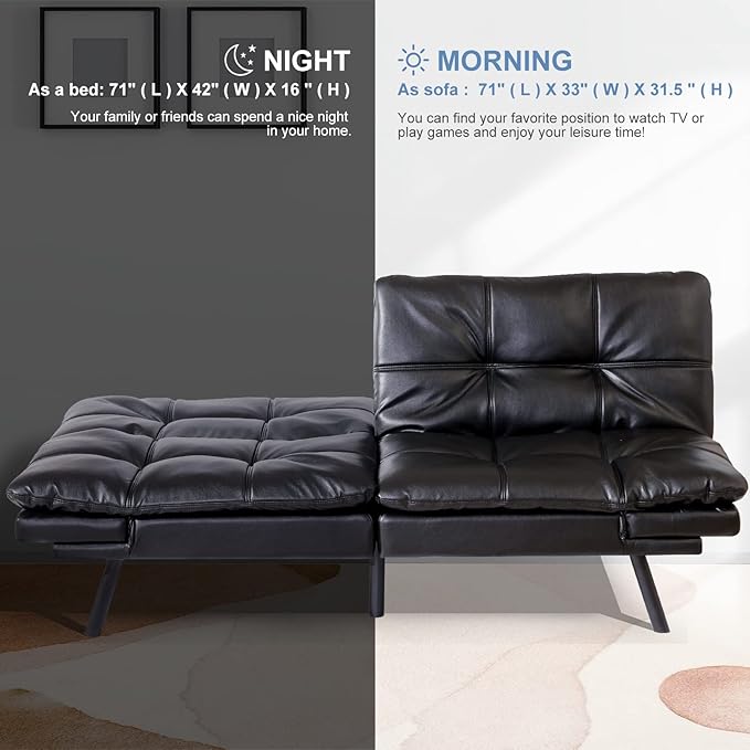 MUUEGM Futon Sofa Bed Convertible Memory Foam Sleeper Couch,Modern Faux Leather Daybed Love seat for Living Room Office Apartment Small Space,Adjustable Arm&Back,71" Sofabed, Black - LeafyLoom
