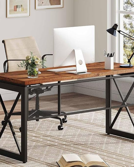 BON AUGURE 60 Inch Computer Desk for Home Office, Industrial Metal Wood Desk, Farmhouse Large Writing Desk, Modern Sturdy Gaming Desk (Rustic Oak) - LeafyLoom