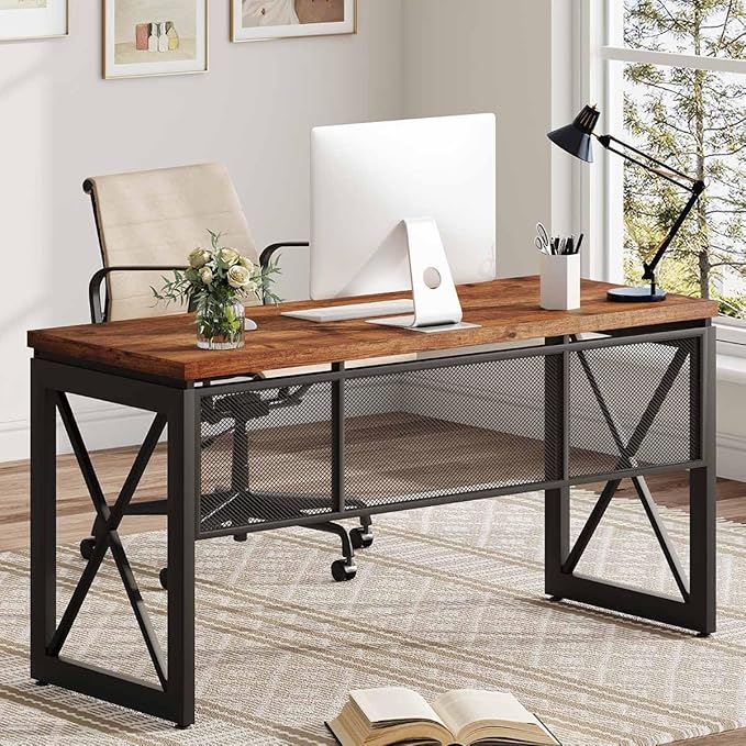 BON AUGURE 60 Inch Computer Desk for Home Office, Industrial Metal Wood Desk, Farmhouse Large Writing Desk, Modern Sturdy Gaming Desk (Rustic Oak) - LeafyLoom