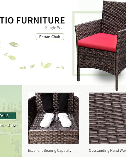 Greesum 3 Pieces Patio Furniture Sets Outdoor PE Rattan Wicker Chairs with Soft Cushion and Glass Coffee Table for Garden Backyard Porch Poolside, Brown and Red - LeafyLoom