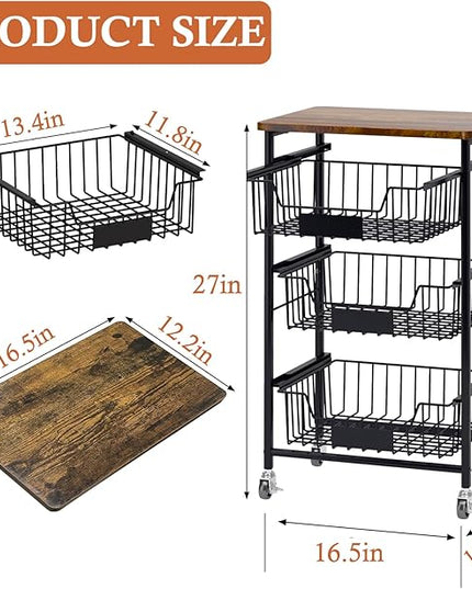 4-Tier Small Kitchen Storage Cart on Wheels, Metal Fruit Basket Stand with Pull-Out Baskets & Wood Top for Potato Onion Produce Snack Veggies - LeafyLoom