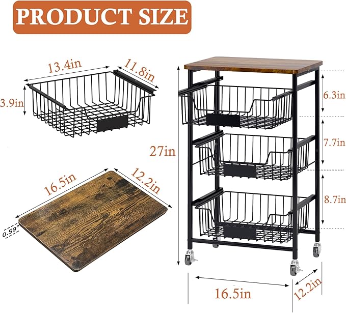 4-Tier Small Kitchen Storage Cart on Wheels, Metal Fruit Basket Stand with Pull-Out Baskets & Wood Top for Potato Onion Produce Snack Veggies - LeafyLoom