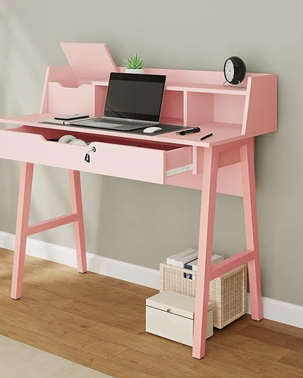 Roma Writing Desk - Elegant Wood Study Desk With Storage, Cable Holes & Drawers - Work Table for Home, Office, Dorm, Small Spaces - Compact Black Desk, 40x19x36.9” (pink) - LeafyLoom