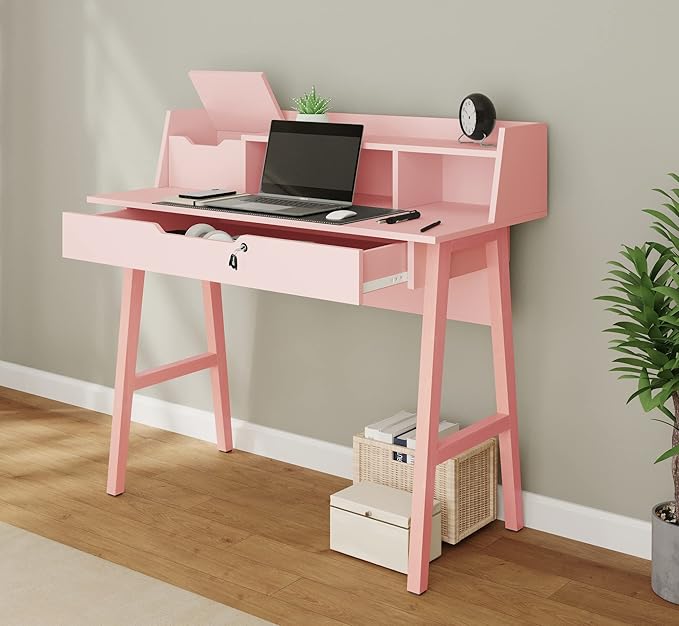 Roma Writing Desk - Elegant Wood Study Desk With Storage, Cable Holes & Drawers - Work Table for Home, Office, Dorm, Small Spaces - Compact Black Desk, 40x19x36.9” (pink) - LeafyLoom