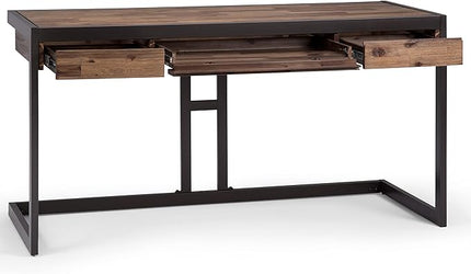 SIMPLIHOME Erina SOLID ACACIA WOOD Industrial 60 Inch Wide Writing Office Desk in Rustic Natural Aged Brown, For the Workstation and Study Table - LeafyLoom