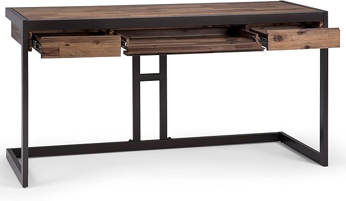 SIMPLIHOME Erina SOLID ACACIA WOOD Industrial 60 Inch Wide Writing Office Desk in Rustic Natural Aged Brown, For the Workstation and Study Table - LeafyLoom