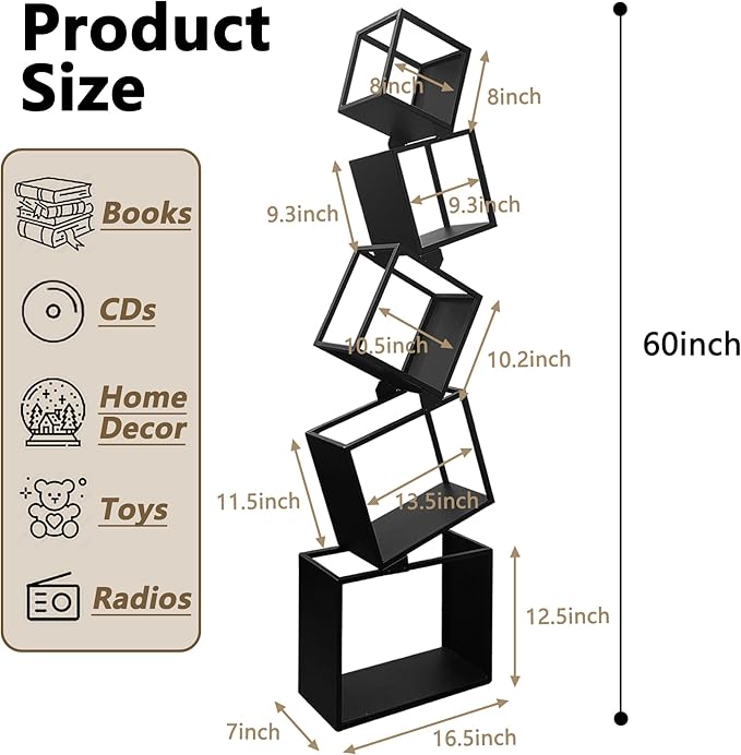 Unique Bookshelf, Book Shelves for Living Room, Geometric Bookcase, Modern Bookcase, Cool Bookshelf, Black Bookshelf, 67" Tall, Metal - LeafyLoom