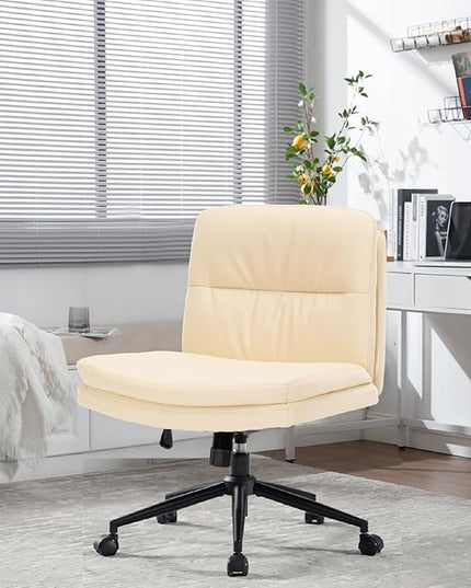 Armless Office Chair with Wheels Wide Desk Chair Leather Mid Back Accent Chair Padded Swivel Vanity Chair for Girl Women Computer Task Chair for Home Office (Leather, Beige) - LeafyLoom