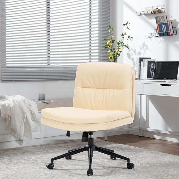 Armless Office Chair with Wheels Wide Desk Chair Leather Mid Back Accent Chair Padded Swivel Vanity Chair for Girl Women Computer Task Chair for Home Office (Leather, Beige) - LeafyLoom