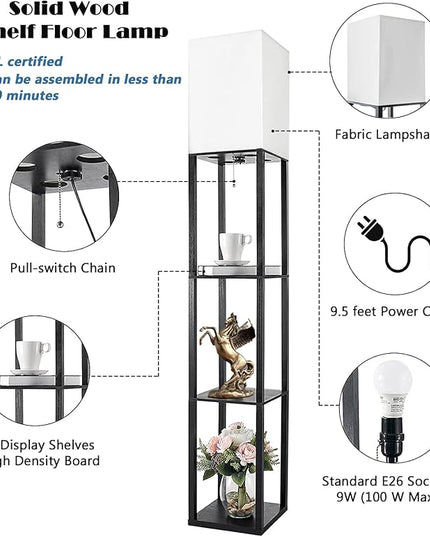 Floor Lamp with Shelves, Modern Standing Shelf Lamp with 3 CCT LED Bulb and White Shade for Living Room Bedroom and Office-Black - LeafyLoom