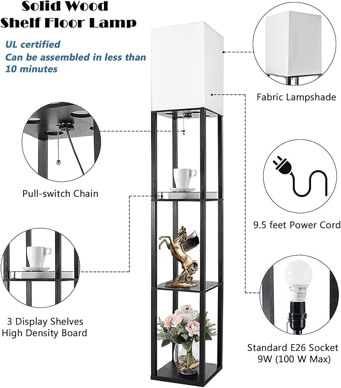 Floor Lamp with Shelves, Modern Standing Shelf Lamp with 3 CCT LED Bulb and White Shade for Living Room Bedroom and Office-Black - LeafyLoom