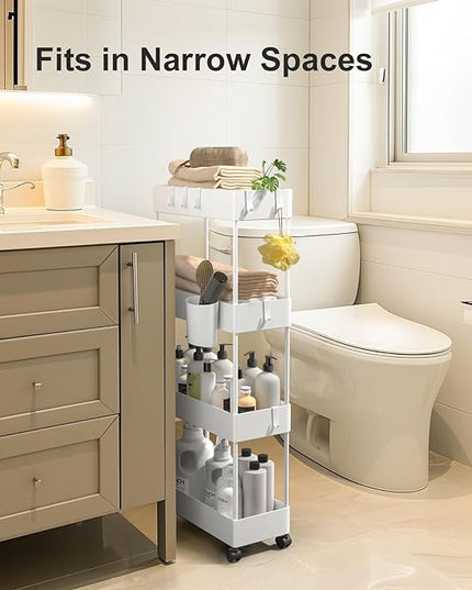 Pipishell Slim Storage Cart with Wheels, 4 Tier Bathroom Storage Organizer Rolling Utility Cart for Bathroom Kitchen Laundry Room Office Narrow Place (White) - LeafyLoom
